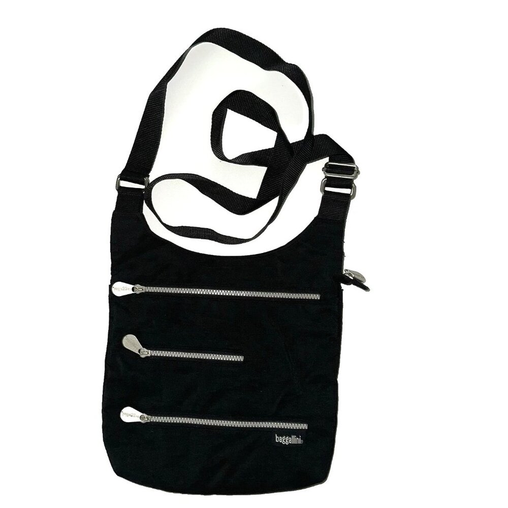 Baggallini Travel Crossbody/ Shoulder Messenger Bag Nylon Black 4 Zippers